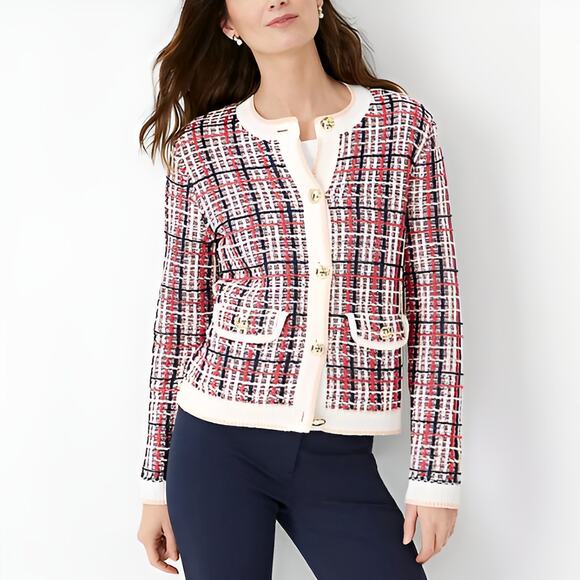 Ann Taylor Womens Preppy‎ Fall Tweed Button Front Career Cardigan Sweater Size L - Picture 1 of 7